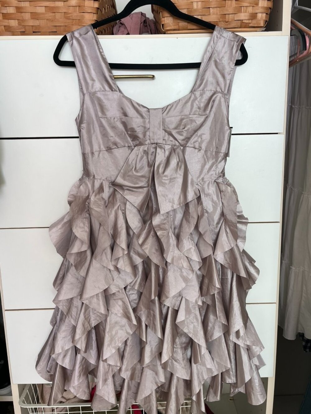 Ryu Women's Small Metallic Taupe Ruffle Dress